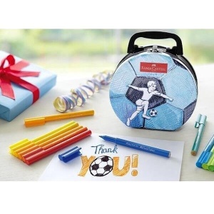 Set 33 carioci Faber-Castell Connector – Ediție Fotbal, în cutie metalică în formă de minge, cu culori vii și clipsuri conectabile pentru joacă creativă.