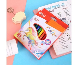 Set de carioci Deli cu 12 culori intense și cerneală lavabilă, într-un ambalaj atractiv cu unicorn, ideal pentru desen, colorat și dezvoltarea creativității copiilor.