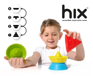 Hix – set de 4 conuri de construcție din silicon colorat de la MOLUK, jucărie educativă premiată pentru joacă creativă și sigură.