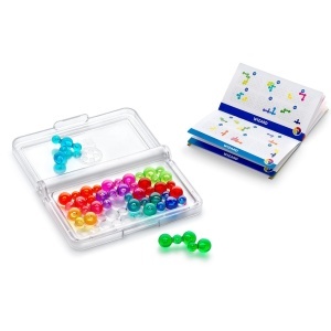 Joc IQ Bubbles de la Smart Games cu tablă compactă, 11 piese puzzle translucide colorate și caiet cu 120 de provocări logice pentru copii și adulți.