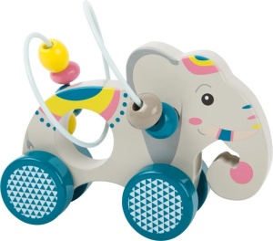 Jucărie de împins Small Foot în formă de elefant colorat, cu labirint de mărgele și roți stabile pentru dezvoltarea motricității și coordonării copiilor mici.