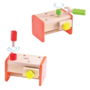 Lădiță cu scule din lemn Wonderworld cu unelte pentru copii, realizate din lemn și organizate într-o cutie compactă pentru jocuri de construcție și rol.