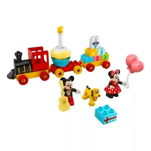 LEGO Disney Tren aniversar Mickey și Minnie, set de construcție colorat cu personaje Disney și elemente festive pentru joacă imaginativă.