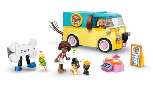 LEGO Friends 42678 cu furgonetă în formă de mops, accesorii pentru animale de companie, Nova, Aliya și figurine adorabile pentru joacă imaginativă.