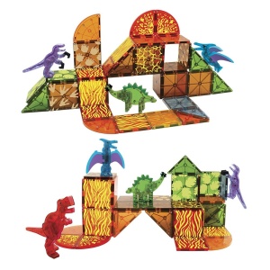 Set magnetic MAGNA-TILES Dino World – 40 piese cu dinozauri mari, plăci colorate și tematică vulcanică, pentru joacă STEM interactivă