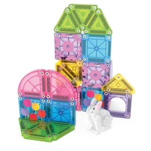 Set MAGNA-TILES microMAGS Spring Garden cu 24 de piese magnetice în culori pastelate, plăci decorate cu flori și lalele și o figurină iepuraș pentru construcții creative inspirate de primăvară.
