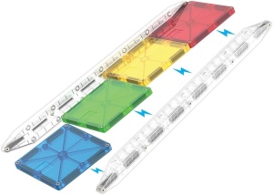 Set Magna-Tiles Rail Racers Deluxe cu 90 de piese, șine transparente, bile și elemente magnetice pentru construirea de piste, rampe și structuri STEM creative.