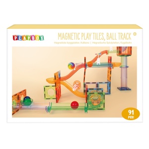 Magnetic Play Tiles Ball Track – Set magnetic de construcție cu pistă pentru bile, 91 piese