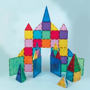 Set Magnetic Play Tiles Rainbow cu 100 de piese magnetice transparente și colorate pentru construcții 3D creative și educative.