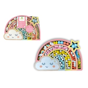 Cutie Sycomore în formă de curcubeu cu mărgele din lemn colorate în forme și dimensiuni variate, pentru realizarea de brățări și coliere.