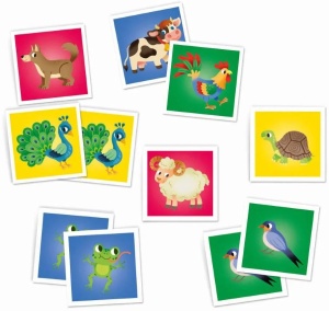 Joc Memo Animale de la Fermă Clementoni cu carduri ilustrate cu animale domestice colorate, destinat dezvoltării memoriei și atenției copiilor.