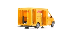 Machetă Mercedes-Benz Sprinter DHL SIKU 1920 în culorile galben și roșu specifice DHL, cu acoperiș detașabil, uși funcționale și caroserie metalică detaliată.