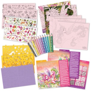 Set de creație Nebulous Stars cu tematică cai fantastici – include pagini roz de schiță, autocolante, șabloane și accesorii pentru desen.
