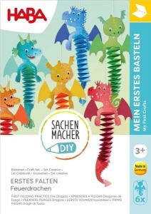 Set creativ Origami cu Dragoni HABA pentru copii, cu materiale pentru realizarea a 6 dragoni din hârtie și instrucțiuni ilustrate pas cu pas.