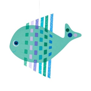Set creativ Origami cu Pești HABA, cu planșe predecupate, ace de împletit și benzi colorate pentru realizarea creaturilor marine decorative.