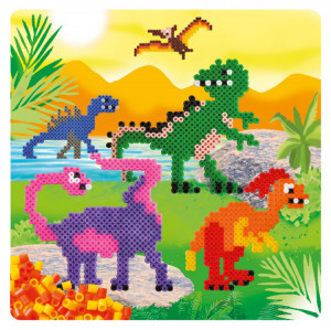 Starter kit cu mărgele – temă Dinozauri, 2000 buc. Include planșetă, modele ilustrate și hârtie de călcat. Activitate creativă pentru copii.