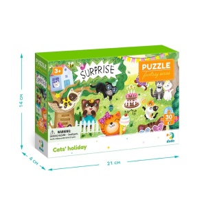 Puzzle Dodo Petrecerea Pisicuțelor cu 30 de piese, ilustrând o petrecere veselă cu pisicuțe, tort aniversar și decorațiuni colorate din seria Fantasy.