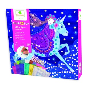 Set creativ mozaic Unicorni Sycomore cu 1500 de piese autoadezive și 5 proiecte decorative pentru copii pasionați de activități creative.