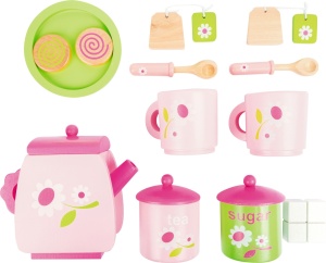 Set de ceai din lemn Small Foot în culori roz și verde, cu ceainic, cești și accesorii pentru jocuri de rol creative și educative.