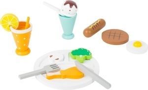 Set de joacă Lunch Break Small Foot din lemn certificat FSC® 100%, incluzând farfurie, tacâmuri, carne, legume, suc de portocale și desert pentru jocuri de rol.