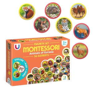 Set magnetic Montessori cu 36 animale din Eurasia ilustrate realist, ideal pentru dezvoltarea vocabularului, logicii și cunoașterii naturii.