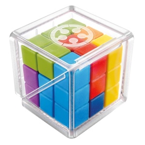 Joc Smart Games Cube Puzzler Go cu piese colorate tridimensionale, cub transparent și provocări logice pentru construirea unui cub perfect.