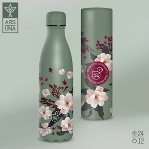 Sticlă termoizolantă Ars Una Flowery Green de 500 ml cu design floral verde și pereți dubli din inox pentru băuturi reci sau calde.