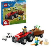 Tractor de ferma rosu cu remorca si oi