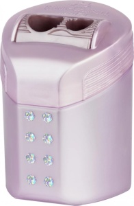 Ascuțitoare dublă Faber-Castell Roll-On Sparkle cu rezervor, design compact și finisaj colorat pastel sau Cosmic Colours.