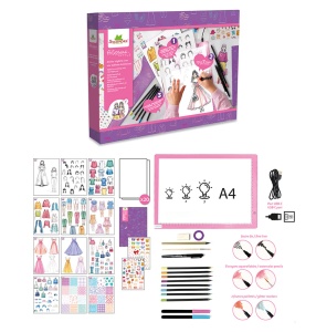 Set Sycomore Artissimo pentru design vestimentar, cu tabletă luminoasă A4, modele de modă, creioane acuarelabile, markere și stickere.