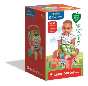 Joc Clementoni de sortare a formelor cu piese geometrice colorate și suport cu deschideri corespunzătoare pentru potrivirea acestora.