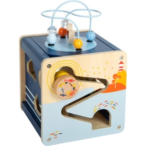 Cub de activități din lemn FSC® 100% cu tematică marină, labirinturi, sortator de forme, oglindă și activități motrice pentru copii mici.