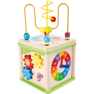 Cub educativ Montessori din lemn cu activități motrice, labirint cu bile, forme geometrice, roți dințate și ceas pentru dezvoltarea copiilor mici.
