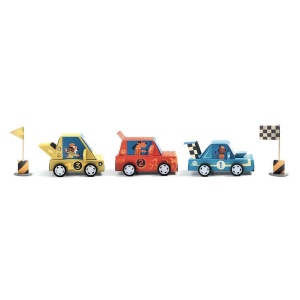 Set creativ Grand Prix cu trei mașini de curse din carton de asamblat și decorat, roți funcționale, autocolante colorate și componente realizate din materiale certificate FSC®.