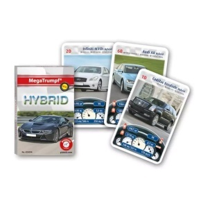 Joc de cărți MegaTrumpf – Hybrid Cars, cu mașini hibride moderne și date tehnice, ideal pentru pasionații de automobile și tehnologie.