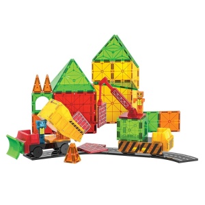 Set MAGNA-TILES Builder XL – 50 piese magnetice cu camioane, macarale, figurine și plăci XL pentru construcții mari.