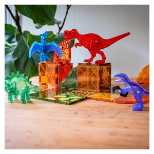 Set magnetic MAGNA-TILES Dino World – 40 piese cu dinozauri mari, plăci colorate și tematică vulcanică, pentru joacă STEM interactivă