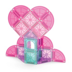 Set MAGNA-TILES microMAGS Heart to Heart cu 26 de piese magnetice în nuanțe de roz, turcoaz și violet, incluzând ferestre arcuite și piese în formă de sfert de cerc pentru construcții creative.