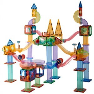 Set Magnetic Play Tiles Ball Track cu 189 de piese magnetice și 6 bile pentru construirea de piste extinse, tuneluri și structuri 3D educative.