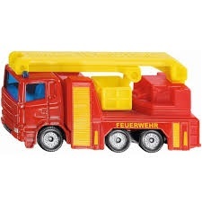 Model miniatural SIKU 1080 camion de pompieri roșu, realizat din metal și plastic, cu scară extensibilă și detalii inspirate de vehiculele reale de intervenție.