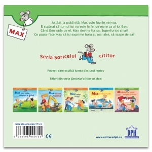 Max este furios – carte pentru copii cu Max în prim-plan, ilustrând gestionarea furiei prin imagini expresive și prietenoase.