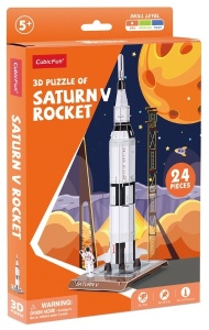 Puzzle 3D CubicFun Saturn V Rocket alcătuit din 24 de piese, reprezentând celebra rachetă spațială Saturn V într-un model detaliat pentru construcție și expunere.