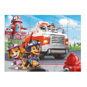 Puzzle Paw Patrol Fire Rescue cu 30 piese mari pentru copii, ilustrând personajele Skye și Chase într-o misiune de salvare la incendiu.