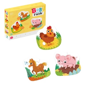 Set puzzle Dodo Ziua la fermă 3 în 1, cu ilustrații colorate ale animalelor de fermă și puzzle-uri progresive de 2, 3 și 4 piese pentru copii mici.