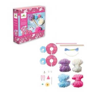 Set creativ Sycomore cu fire colorate de lână, șabloane pentru pompoane, mărgele și accesorii pentru realizarea de brelocuri și decorațiuni.