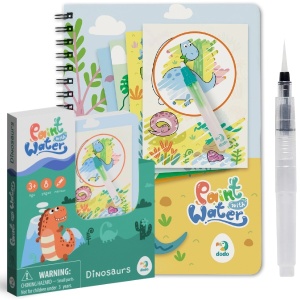 Set de colorat cu apă Dinozauri, cu 8 pagini reutilizabile și marker cu apă, ilustrând dinozauri care devin colorați și vizibili la contactul cu apa.