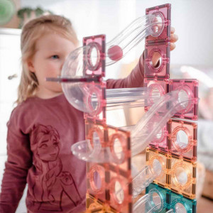 Set de constructie magnetic cu circuite cu bile, Connetix Magnetic Tiles, Pastel Ball Run 106 piese - Img 2