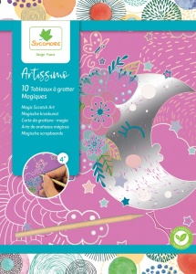 Set Artissimo cu 10 planșe răzuibile magice, suprafețe strălucitoare, instrument din lemn și carte cu modele pentru activități creative pentru copii.