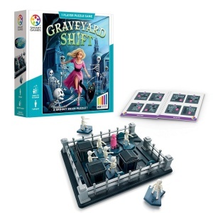 Joc de logică Smart Games Graveyard Shift cu tablă de joc, piese reprezentând scheleți și morminte, plus personaj și pisică într-un puzzle de evadare din cimitir.