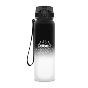 Sticlă de apă Ars Una cu capacitate de 600 ml, finisaj mat și design gradient negru-alb, realizată din Tritan fără BPA și prevăzută cu capac anti-scurgere cu sistem de siguranță.